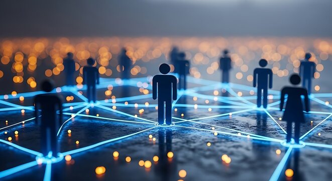 Digital human figures connected by a glowing blue network on a reflective surface with orange lights in the background