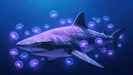 Fototapeta premium Bioluminescent Shark Swimming with Glowing Jellyfish in Deep Blue Ocean