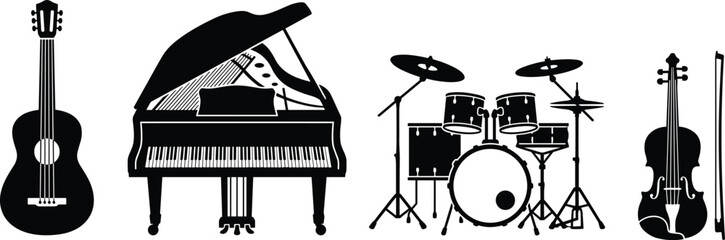 Black and white musical instruments silhouette set including acoustic guitar, grand piano, drum kit, violin and bow vector illustration © Moksen