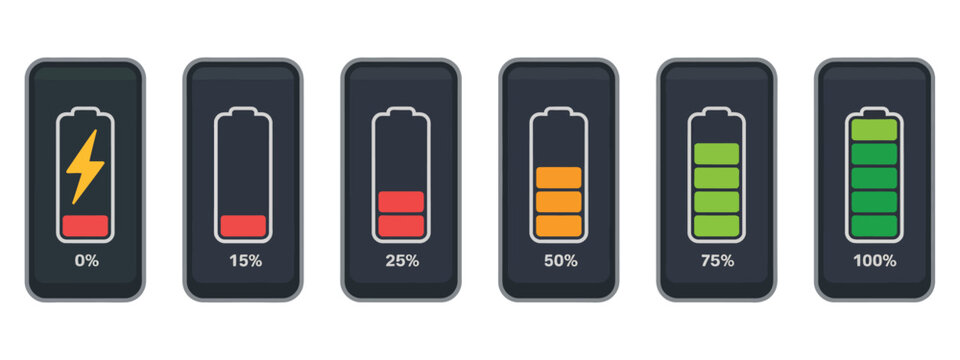 Discharged and fully charged smartphone battery icon set, featuring battery level indicators from zero to one hundred percent for mobile UI and device monitoring.