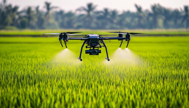 Drone sprays crops in green rice field under clear blue sky. Modern agritech automates pest control and fertilization. Farming uses aerial equipment for efficient plant care and growth