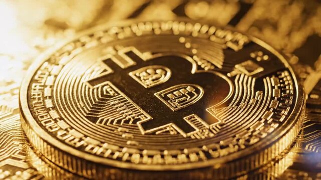 Bitcoin Cryptocurrency Coin Close-up, Golden Digital Currency.