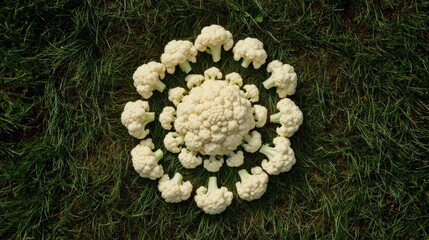 Symmetrical cauliflower florets arranged on green grass