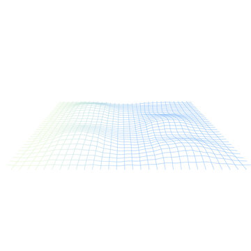 Three dimensional wireframe plane rendered slightly warped and undulating above a flat white surface suggesting data visualization or digital terrain.
