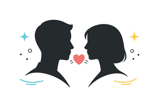    Minimal lovers silhouette metaphor. Two silhouettes mirrored symmetrically, separated by a small glowing heart or dot. Emotional balance,