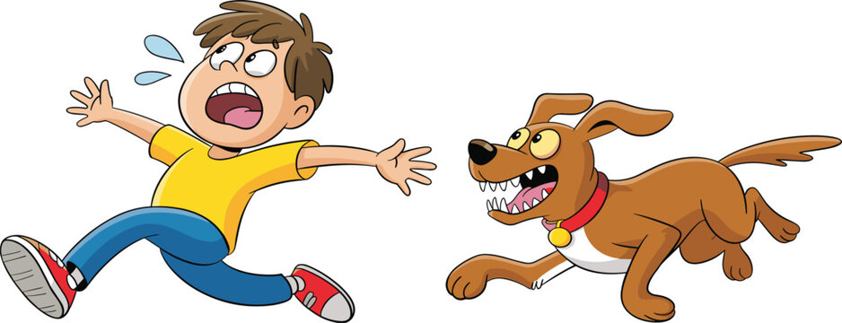 Funny cartoon illustration of a scared young boy running away from a barking brown dog for children education safety pet behavior and animal branding,