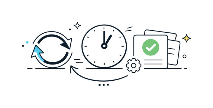 Automatic renewal symbols. Abstract objects such as circular arrows, clock icons, and service cards forming a balanced system. The scene