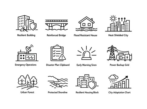    Urban Climate Resilience. Line icon set of Urban Climate Resilience: resilient buildings, reinforced bridge, flood resistant house, heat