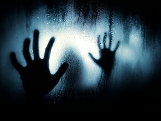 Silhouetted hands and body pressing against a blurred translucent surface