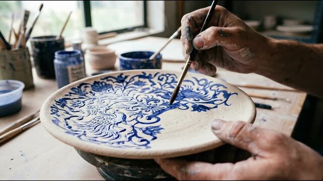 Artisan in creative workshop showing meticulous handmade painting process of traditional blue floral decoration on ceramic plate