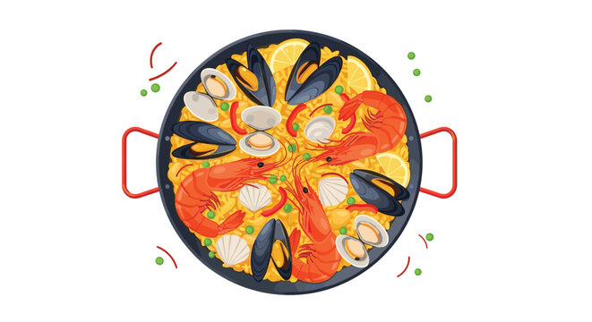 Cartoon seafood paella served in a large black pan with shrimp mussels clams lemon and green peas, Generative AI.