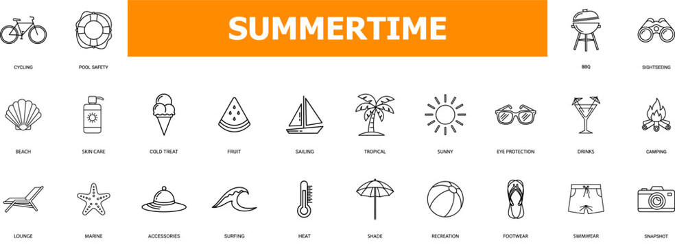 Summertime icons collection representing various summer activities and symbols like beach, sun, vacation, and outdoor fun