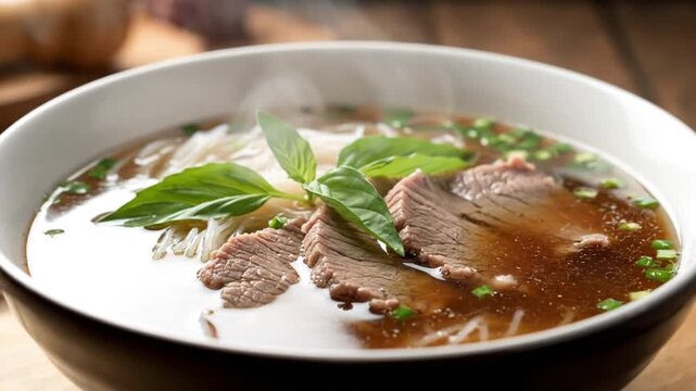 Delicious Vietnamese Pho Soup with Beef and Herbs.
