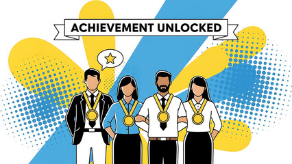 Successful Diverse Business Team Wearing Gold Medals with Achievement Unlocked Banner