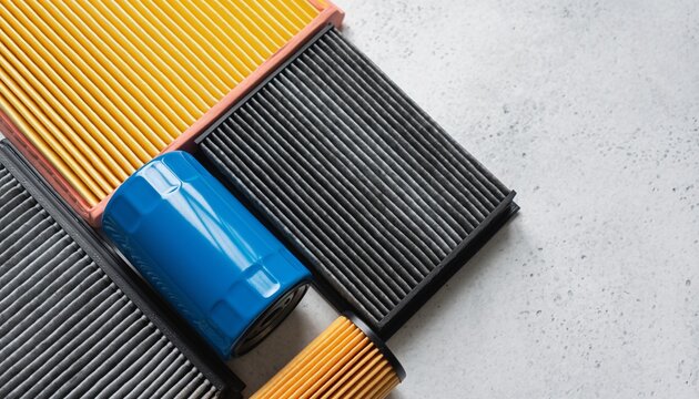 Different types of car filters placed on a gray surface showing their design and colors while being ready for installation or inspection