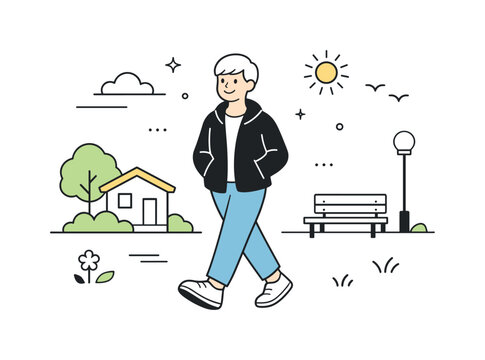 Gray hair everyday normality outdoors. A silver-haired person walks through a neighborhood or park, hands in pockets, enjoying an ordinary
