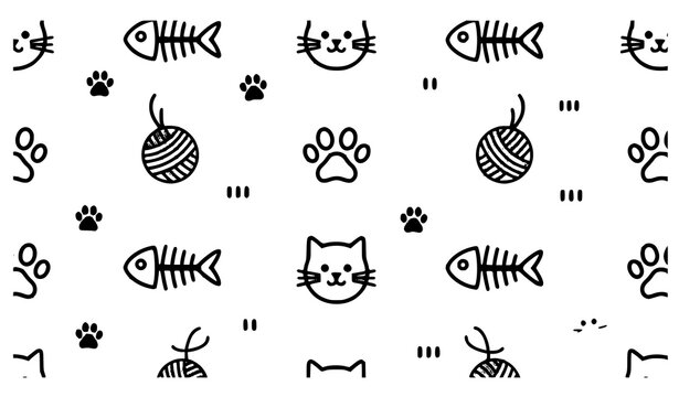 Hand Drawn Black and White Cat Seamless Pattern with Paw Prints Fish Bones and Yarn Vector