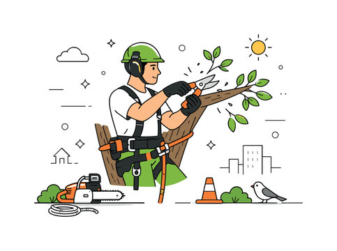 Tree trimming work. An arborist carefully trimming tree branches with professional tools, calm and focused. The scene shows routine