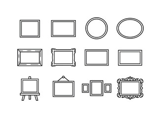 Framed picture. Line icon set of Framed picture: square frame, rectangular frame, round frame, oval frame, wooden frame, classic frame,