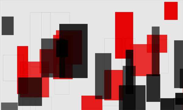 Abstract Modernist Background with Overlapping Red and Black Translucent Rectangles on Light Gray.