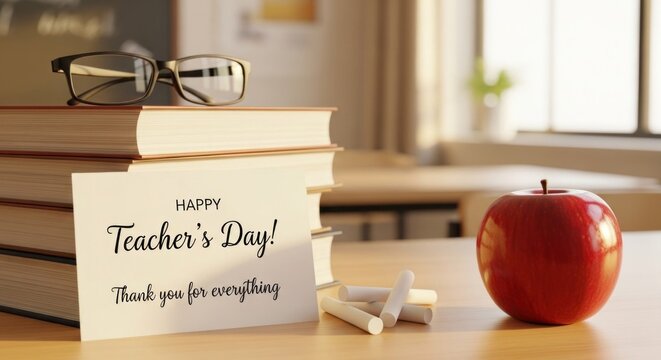 A stack of books with a red apple and a card that says 'Happy Teacher's Day! Thank you for everything.'