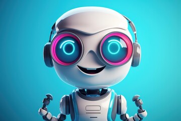 Cute digital robot mascot with headphones and happy face looking friendly
