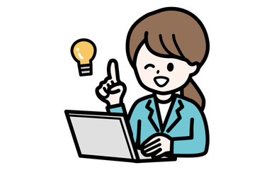 SaaSの便利な機能をPCで発見し紹介する女性のイラスト。最新テックやITサービスの活用イメージ。