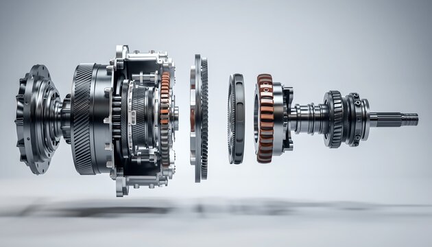 Exploded view of a mechanical gearbox showing internal gears and components in a well-lit setting