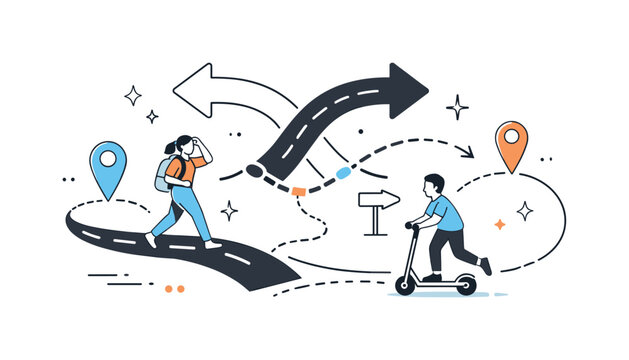    GPS rerouting metaphors. Abstract editorial scene with road arrows, location pins, and soft broken lines reconnecting. Navigating detours