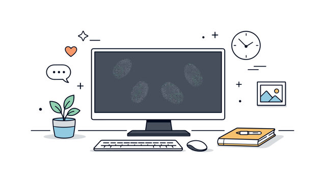 Screens with fingerprints. Desktop monitor slightly dimmed, faint fingerprints visible on screen surface, calm workspace atmosphere. Subtle