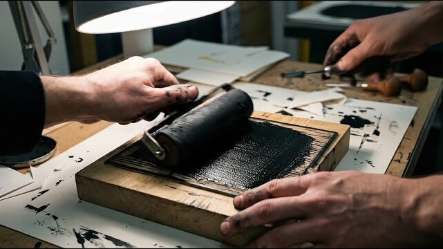 Artisan craftsmans focused hand in meticulous handmade printing process traditional technique using brayer with black ink in workshop