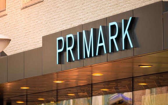 Sign of the clothing store Primark located on a busy street in a city center during daylight hours - Netherlands. Eindhoven 26-10-2025