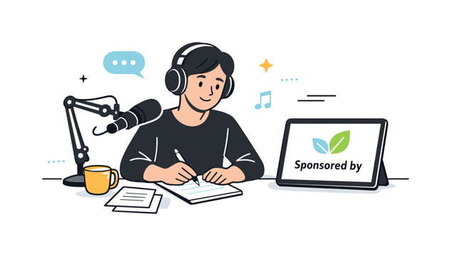 Sponsored podcast episode. A person recording at a desk with headphones and notes, while a simple sponsor logo appears on a tablet screen.