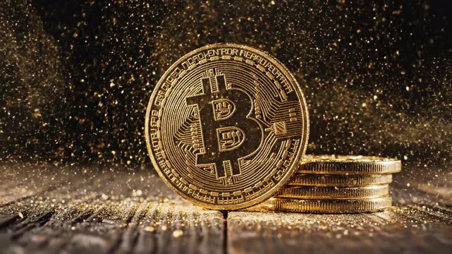 Bitcoin Cryptocurrency with Golden Glitter and Coins