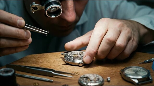 Focused artisan watchmaker in intricate handmade repair process. Close up of man using precision tools on mechanical vintage clockwork