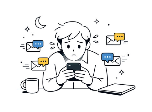 After-Hours Email Stress. Night emails stress. Employee with a phone lighting up their face, message icons still appearing. Pressure to respond after hours,