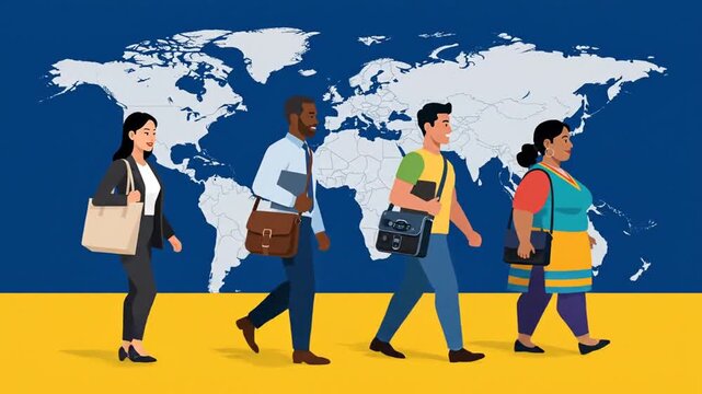 Diverse people walking across world map global travel illustration