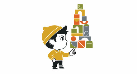 Fototapeta premium Cute cartoon boy in yellow hat and sweater playing with colorful building blocks, creating a tower