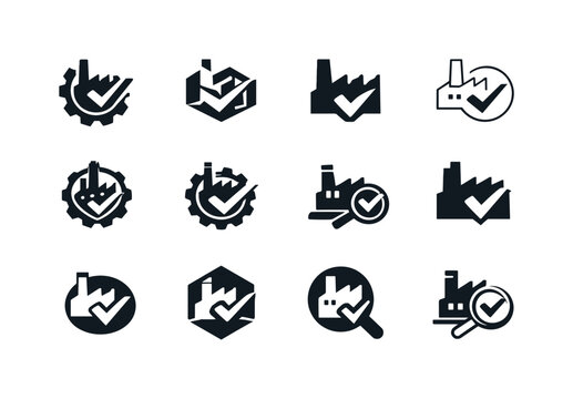    Factory inspection. Icon set. Set Logo of factory inspection: quality control stamp icon. harmonious logo variations of the same emblematic