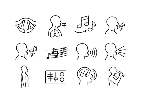    Vocal Training. Line icon set of Vocal Training: vocal cords diagram, breathing exercise, pitch control, vocal warm-up, scale practice, voice