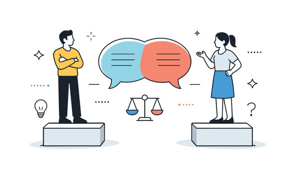 Structured debate. Two opposing viewpoints represented by characters standing on equal platforms, connected by a central speech bubble. The