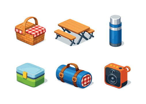 Colorful Picnic Icons. Picnic equipment. Isometric flat vector icons set of picnic equipment: picnic basket, folding picnic table, thermos flask, reusable food