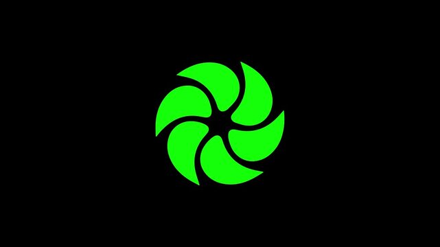A vibrant green swirling vortex-like shape animation on a stark black background, creating a modern abstract design.