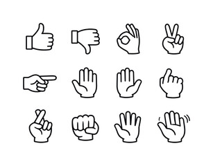   Hand gestures meaning. Line outline icon set of hand gestures meaning: thumbs up, thumbs