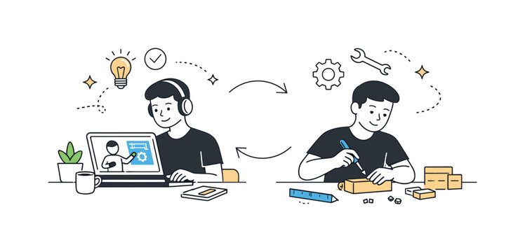 Learning by doing online. Person switching between watching a tutorial and applying knowledge through hands-on practice. Calm productivity