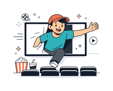 Cinema magic moment. An animated character half inside, half outside the screen, as if breaking the fourth wall, creating a sense of movement