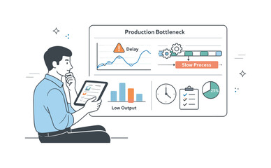 Production bottleneck analysis. A focused scene showing an analyst reviewing production data and timelines on a tablet and dashboard. Calm