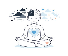 Obraz premium Emotional healing process. A person sitting calmly with a transparent heart and mind, where dark abstract forms slowly dissolve into lighter