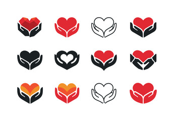    Relief. Icon set. Set Logo of Relief: heart with support hands. harmonious logo variations of the same emblematic concept, each