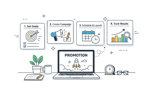 Launching a promotion step by step. A calm workspace with instruction cards floating in logical order above a screen. The mood highlights